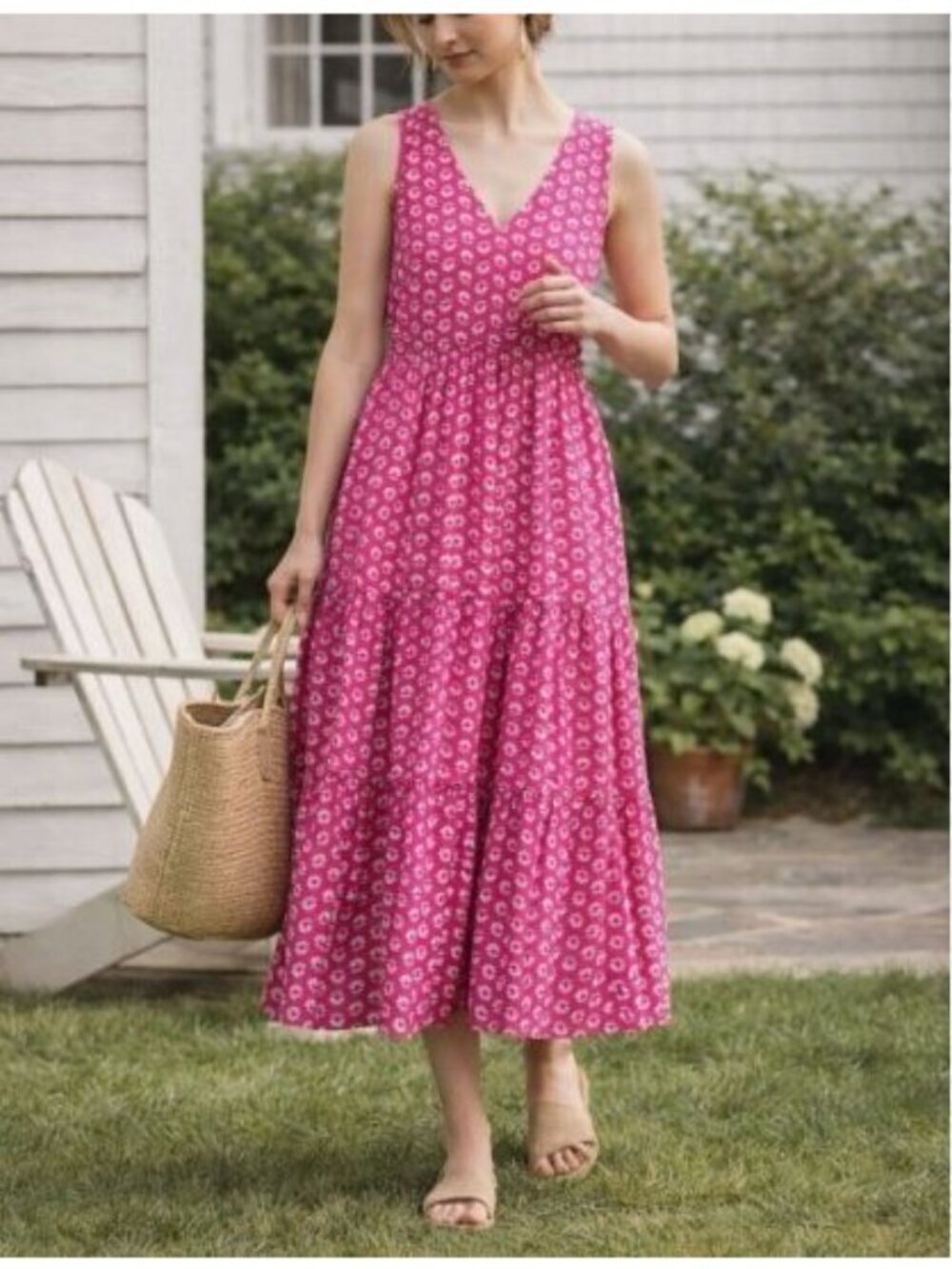 J Crew Dress Womens 14 Bright Pink Floral Ruffle Tiered Midi Sundress Romantic